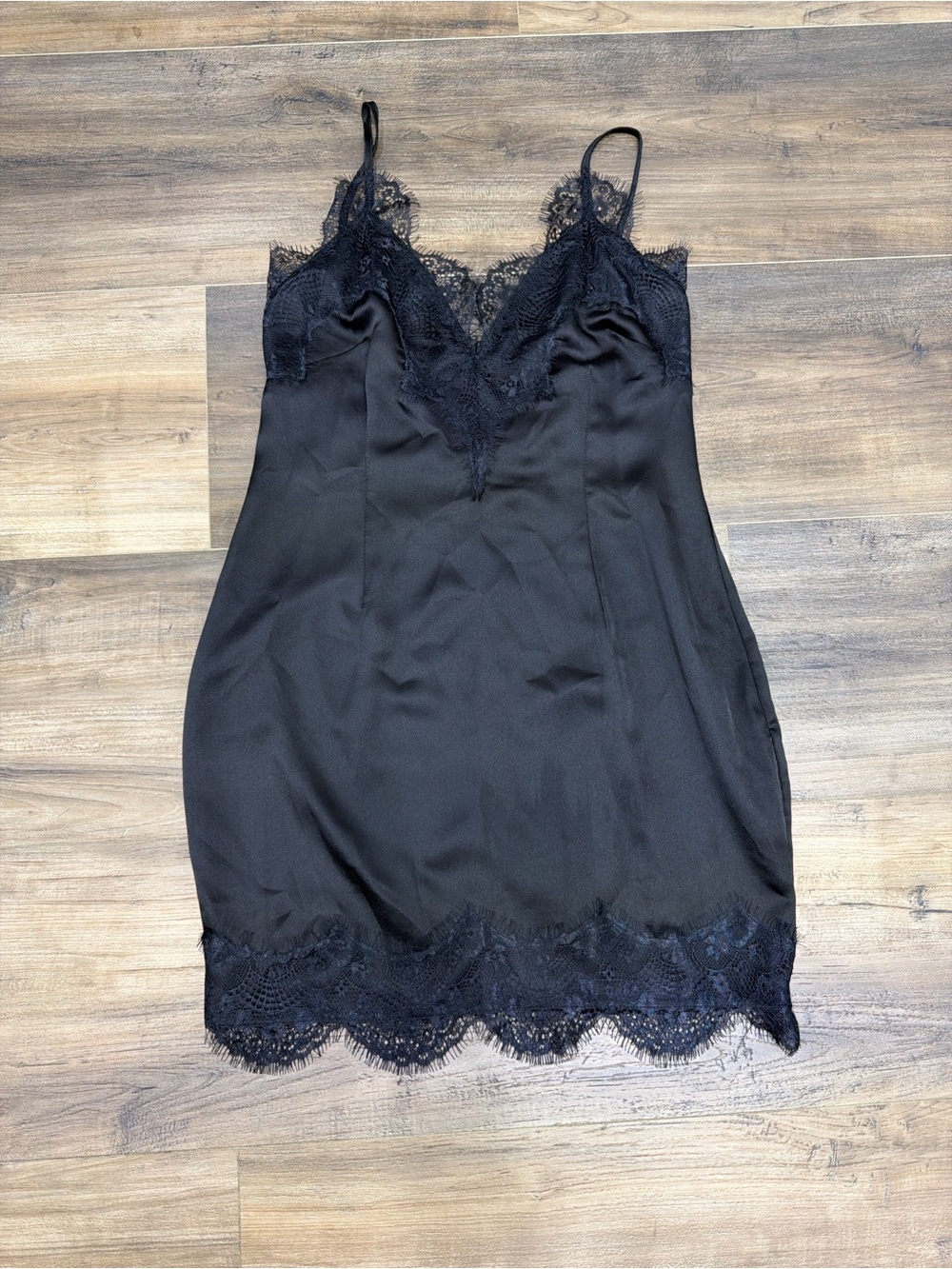 PrettyLittleThing Black Satin Lace-Trim Slip